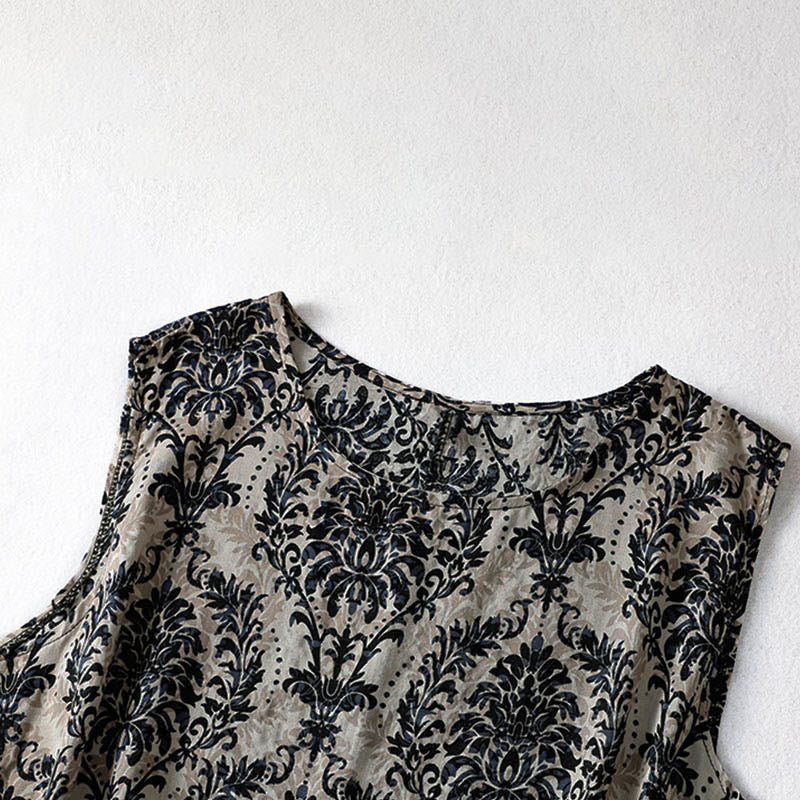 Buddha Stones Commute Summer Printing Simple Design Crew Neck Sleeveless Maxi Dress