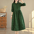 Buddha Stones Leaf Pattern Stand Collar Long Sleeve Cotton Midi Dress With Pockets