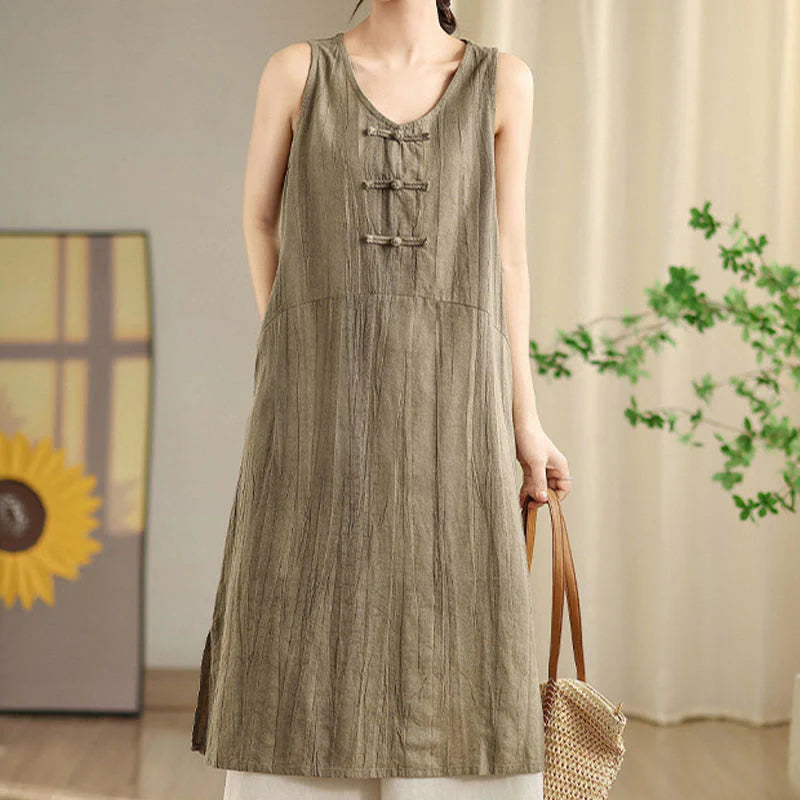 Buddha Stones Tie Dye Chinese Frog-Button RamieÂ Linen Sleeveless Midi Dress With Pockets