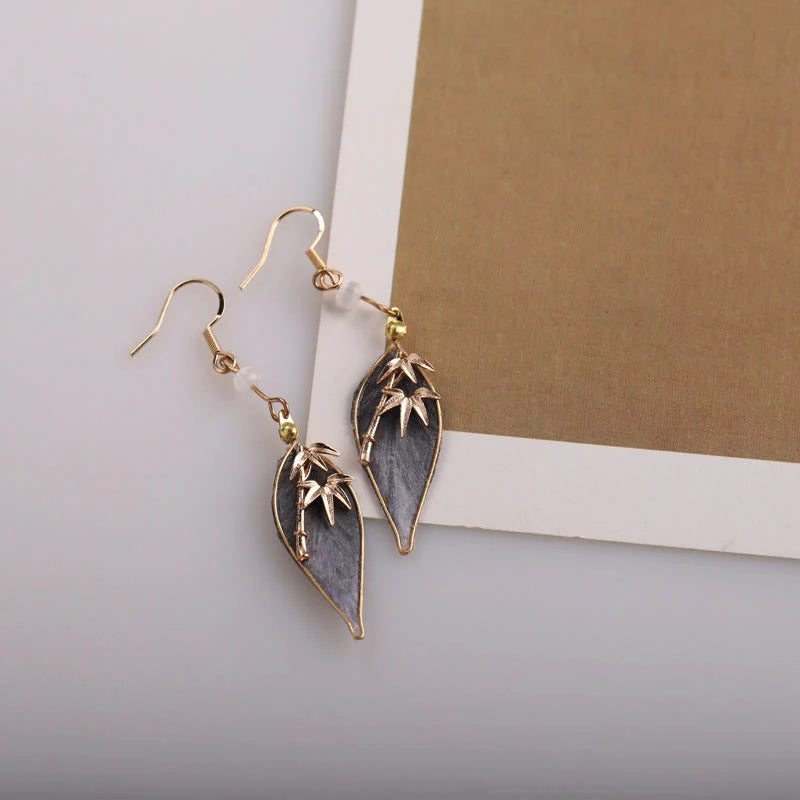 Buddha Stones Handcrafted Silk Art Bamboo Design Copper Hook Luck Protection Dangle Earrings