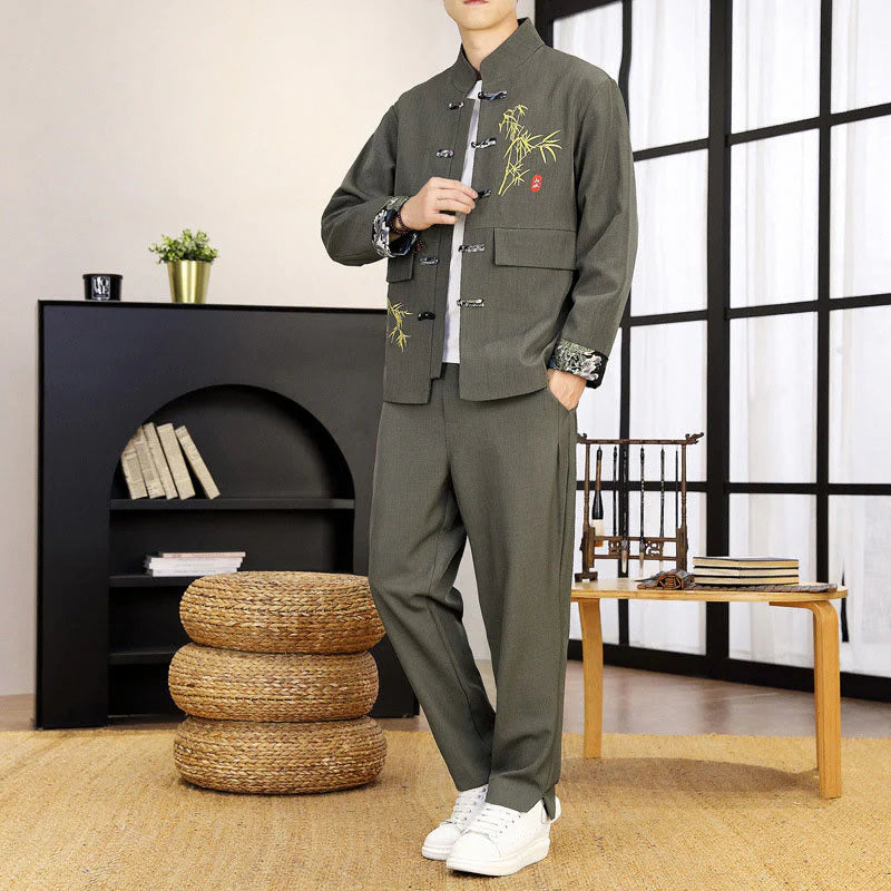 Buddha Stones 2Pcs Tang Suit Bamboo Frog-Button Men's Long Sleeve Shirt Pants Clothing Set