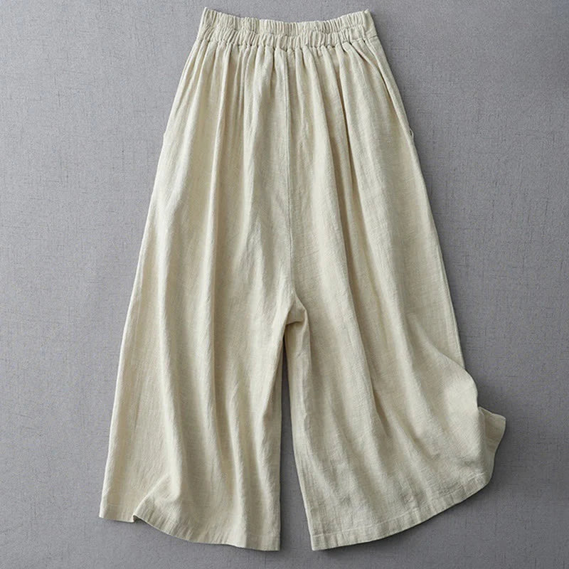 Buddha Stones Casual Plain Loose 7-8 Length Women's Polyester Wide Leg Pants With Pockets