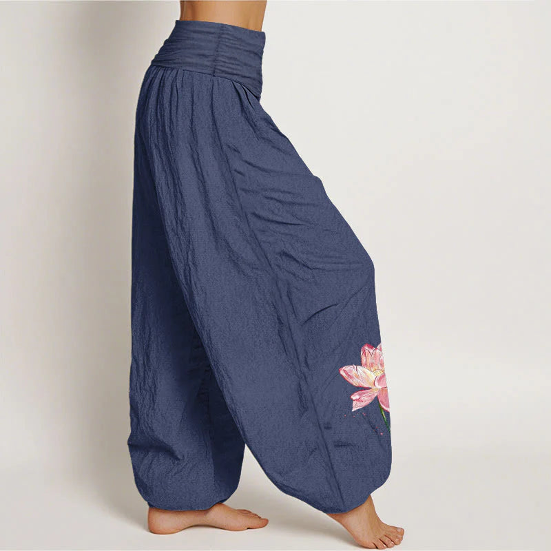 Buddha Stones Cotton Lotus Flower Sun Pattern Women's Elastic Waist Harem Pants