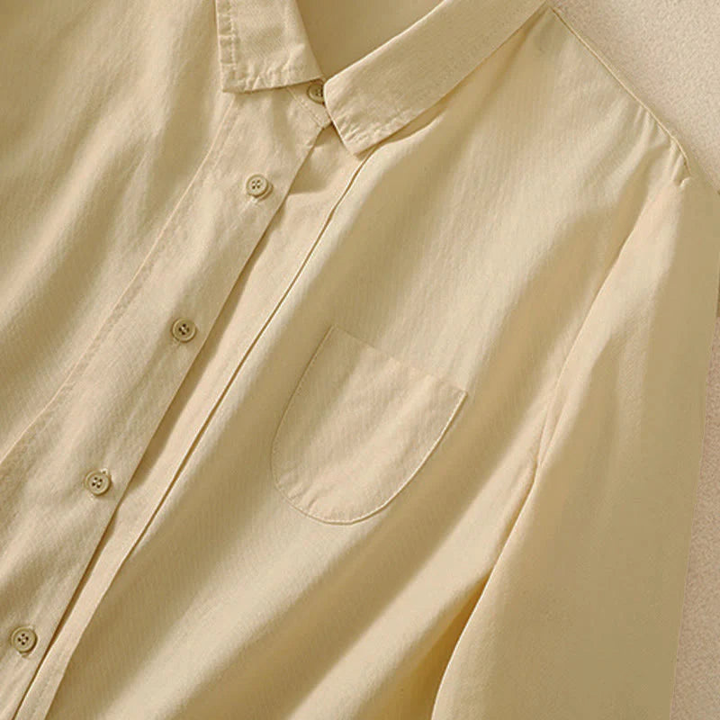 Buddha Stones Spring Lapel Long Sleeve Plain Women's Cotton Buttons Shirt With Pockets