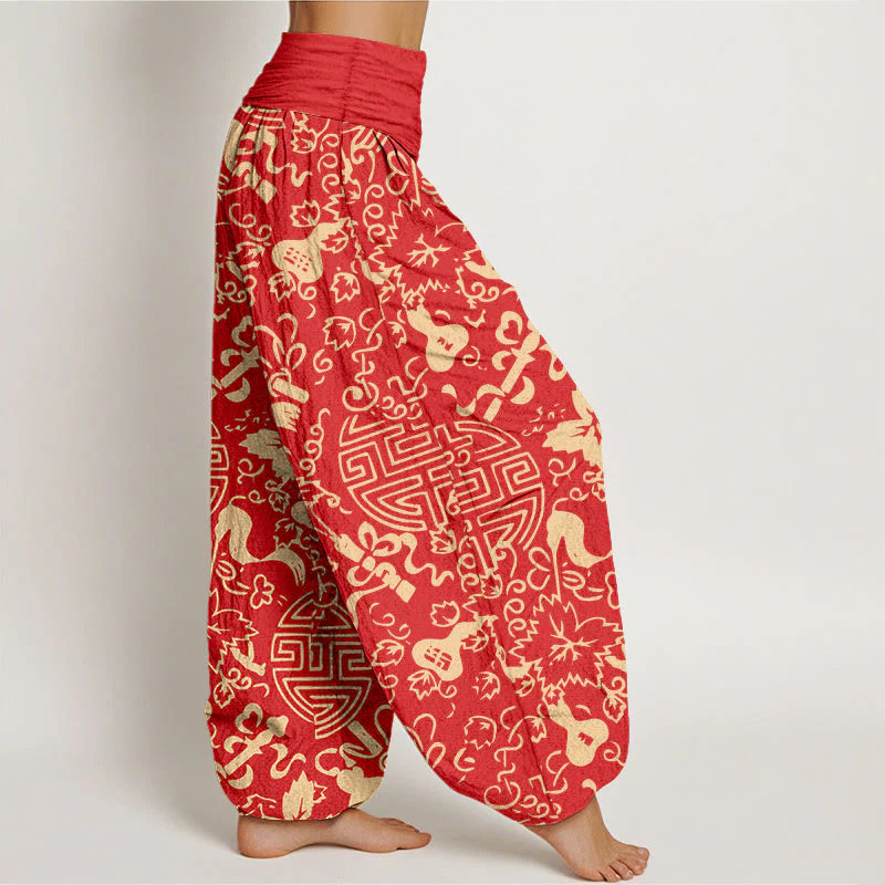 Buddha Stones Pure Cotton Chinese Character Gourd Auspicious Pattern Women's Elastic Waist Harem Pants