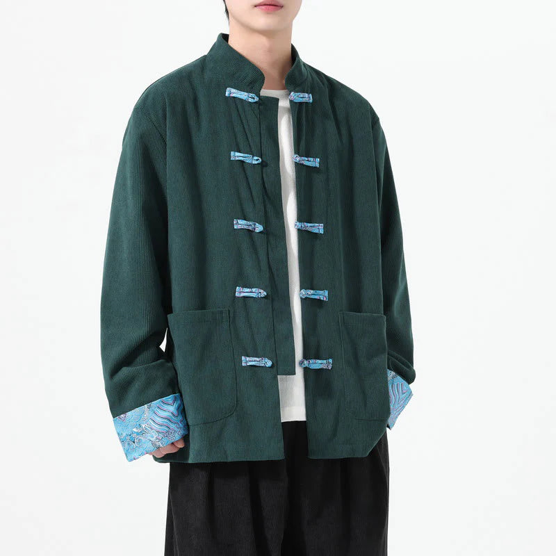 Buddha Stones Floral Design Long Sleeve Men's Cotton Corduroy Tang Suit Jacket With Pockets