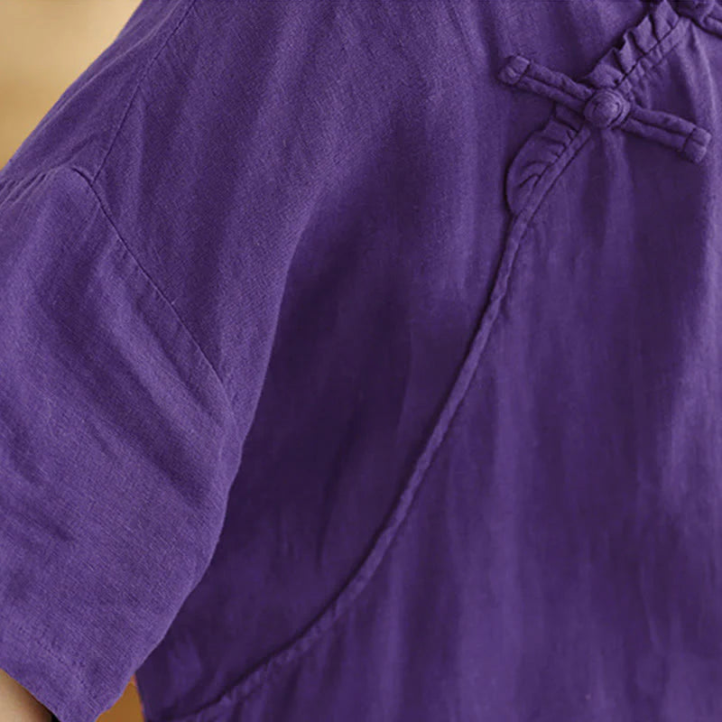 Buddha Stones Spring V-Neck Frog-Button Long Sleeve Plain Women's Cotton Shirt