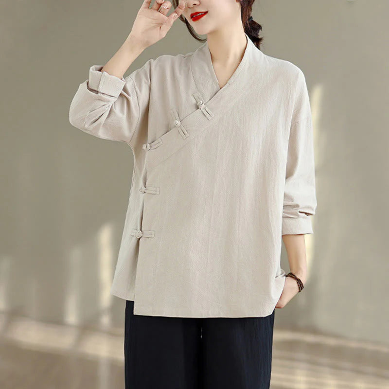 Buddha Stones 2Pcs V-Neck Long Sleeve Shirt Wide Leg Pants Zen Meditation Women's Set