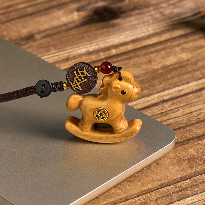 Buddha Stones Year of the Horse Rainbow Eucalyptus Small Leaf Red Sandalwood Linden Wood Ebony Carved Positive Key Chain