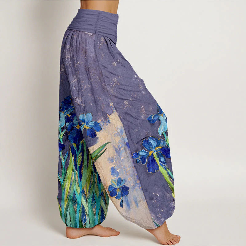 Buddha Stones Irises Pattern Pure Cotton Women's Elastic Waist Harem Pants