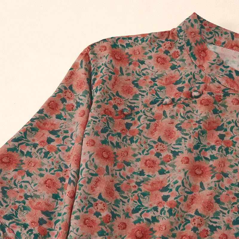 Buddha Stones Summer  Frog-Button Stand Collar Short Sleeve Flower Pattern Women's Cotton Shirt