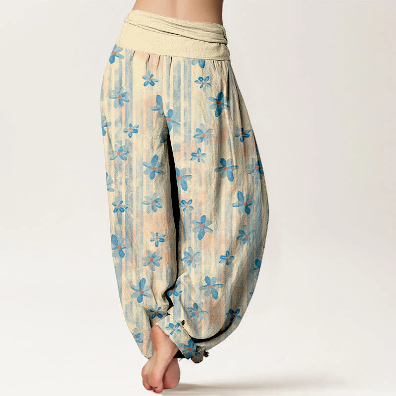 Buddha Stones Cotton Simple Style Flower Pattern Women's Elastic Waist Harem Pants