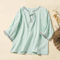 Buddha Stones Summer V-Neck Embroidery Lines Lace-up Cotton Women's Half Sleeve Shirt