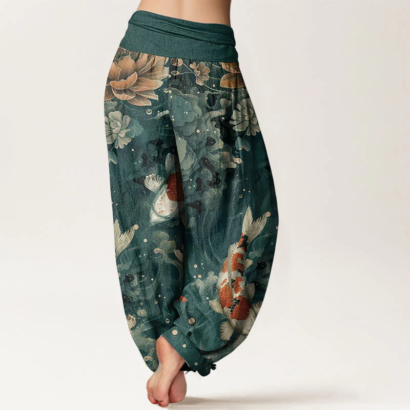 Buddha Stones Cotton Colorful Koi Fish Lotus Flowers Design Women's Elastic Waist Harem Pants