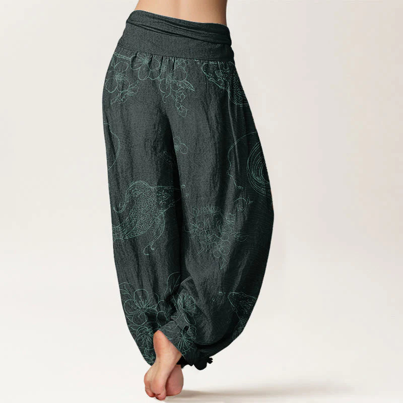 Buddha Stones Pure Cotton Koi Fish Floral Pattern Women's Elastic Waist Harem Pants