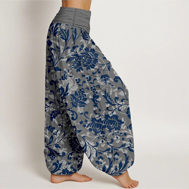 Buddha Stones Cotton Understated Luxury Flower Vine Pattern Women's Elastic Waist Harem Pants
