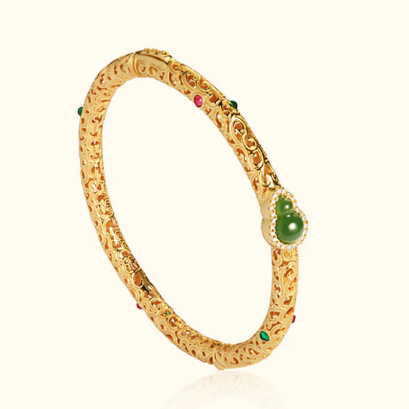 FREE Today: Healing and Harmony Cyan Jade Copper Plated Gold Auspicious Clouds Gourd Bracelet Bangle