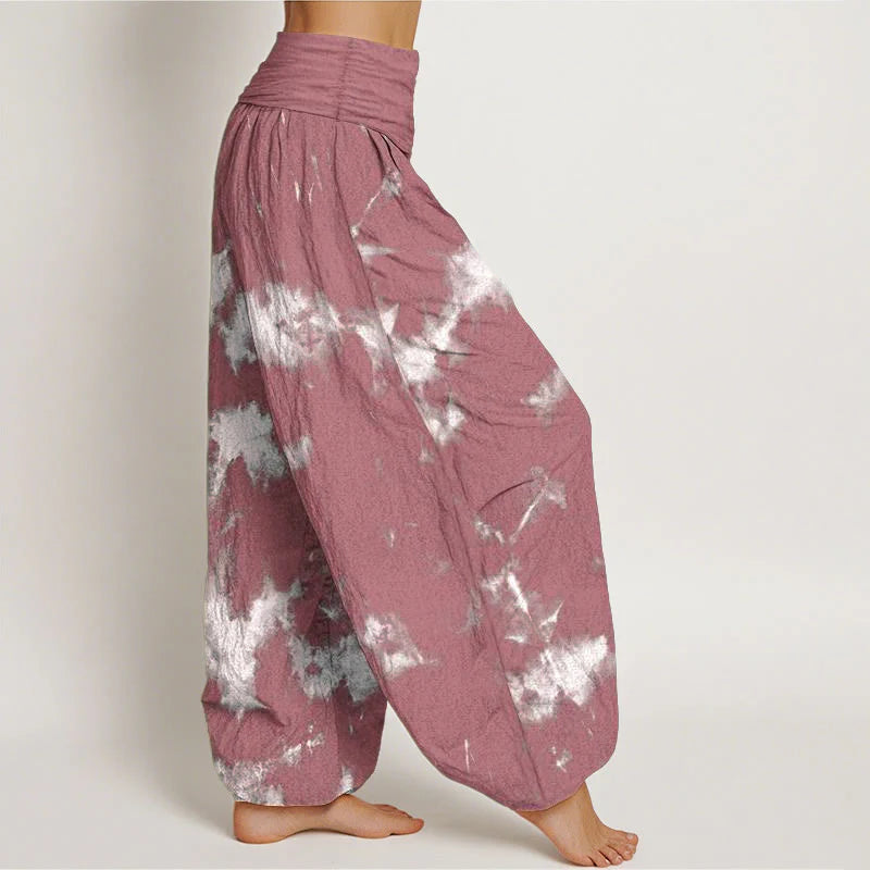 Buddha Stones Pure Cotton White Lines Spots Tie-Dye Pattern Women's Elastic Waist Harem Pants