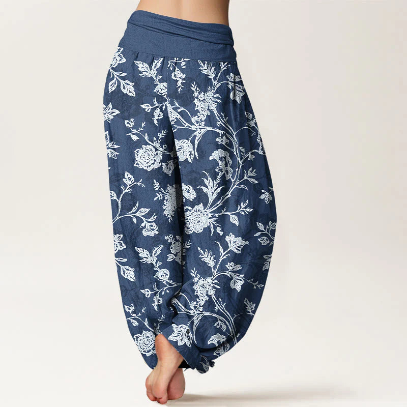 Buddha Stones Cotton Full Coverage Flowers Pattern Women's Elastic Waist Harem Pants