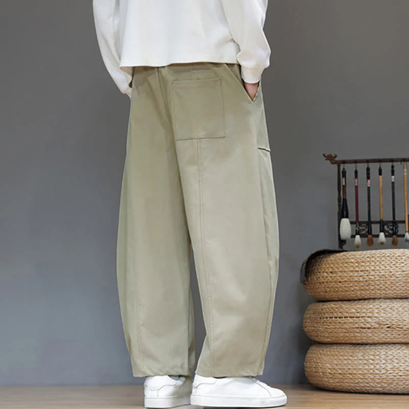 Buddha Stones Fall Pure Color Cotton Men's Cropped Harem Pants With Pockets