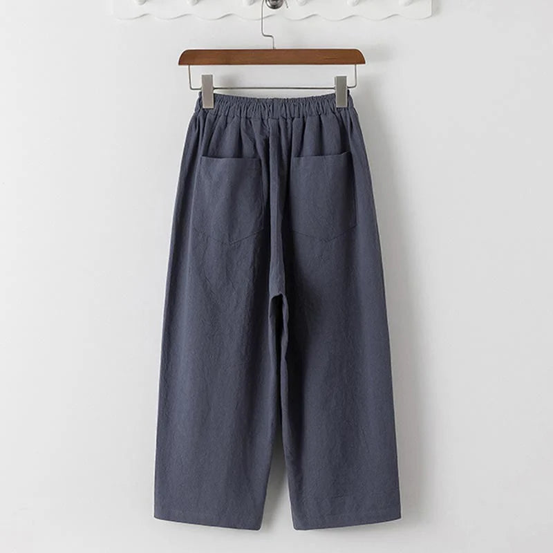 Buddha Stones Summer 2Pcs Plain Short Sleeve T-Shirt 7-8 Length Pants Cotton Linen Tang Suit Men's Meditation Cloth Set With Pockets