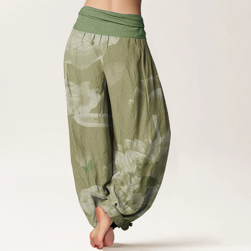 Buddha Stones Cotton Pink And White Lotus Women's Elastic Waist Harem Pants