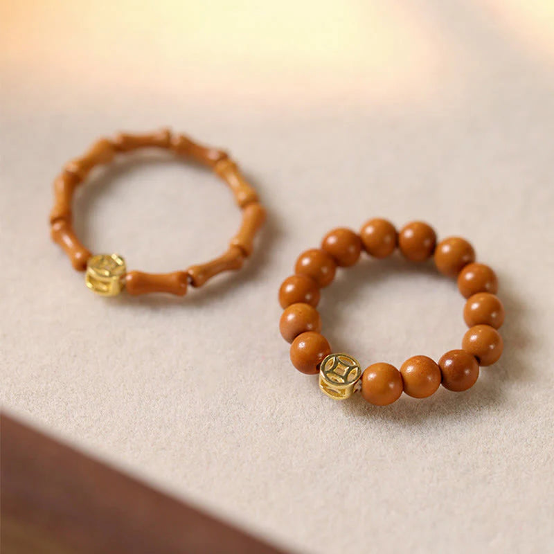 Buddha Stones Olive Pit Bead Copper Coin Inner Strength Ring