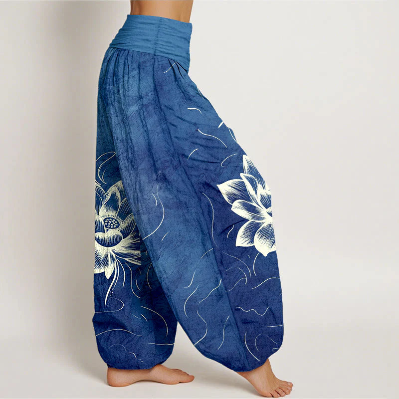 Buddha Stones Pure Cotton Lotus Flower Pattern Women's Elastic Waist Harem Pants