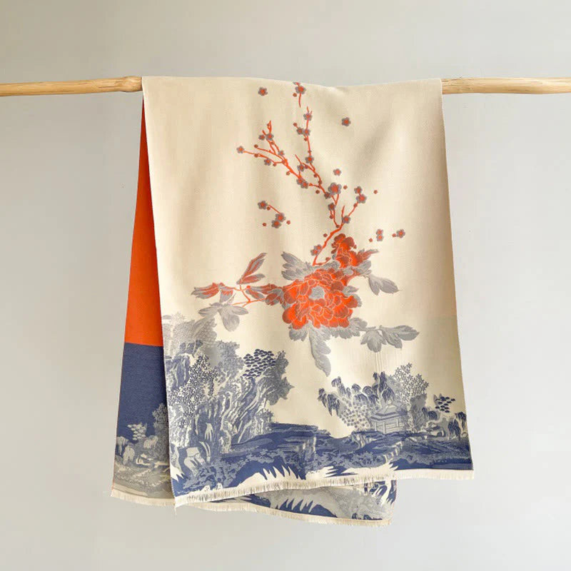 Buddha Stones Fall Flowers Trees Pavilion Pattern Cozy Scarf Shawl