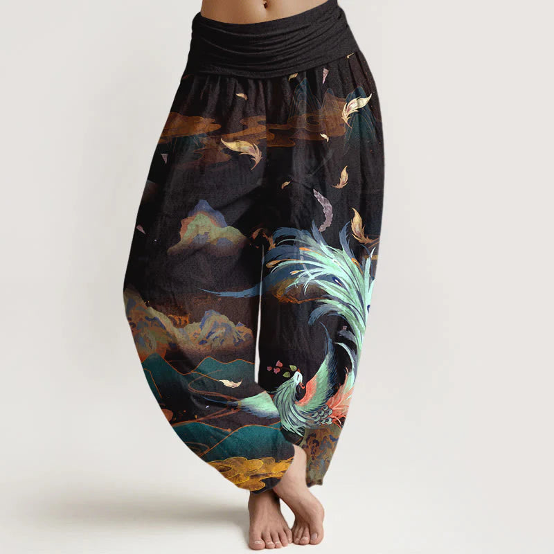 Buddha Stones Pure Cotton Gorgeous Phoenix Mountain Cloud Pattern Women's Elastic Waist Harem Pants