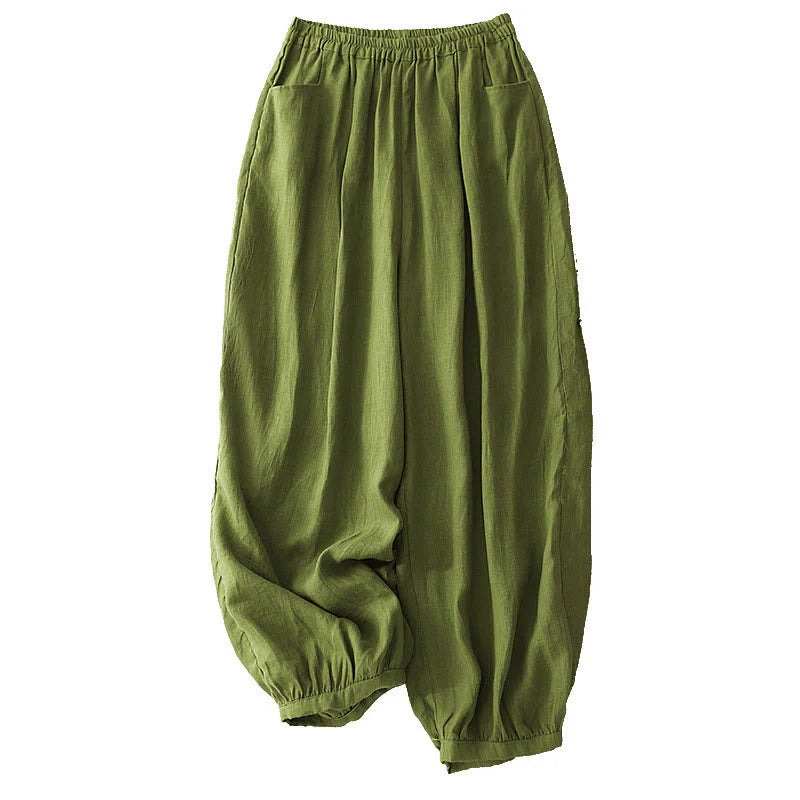 Buddha Stones Summer Commute Pure Color Women's Cotton Ankle-Length Pants With Pockets