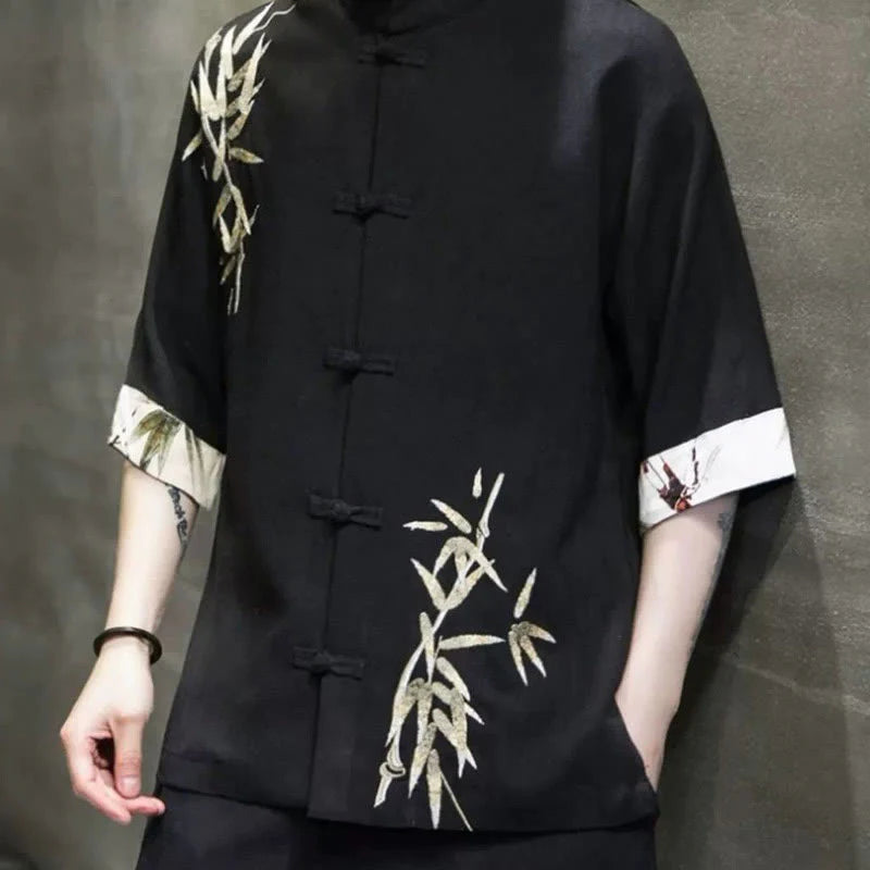 Buddha Stones Men's Frog-Button Bamboo Linen Half Sleeve Shirt