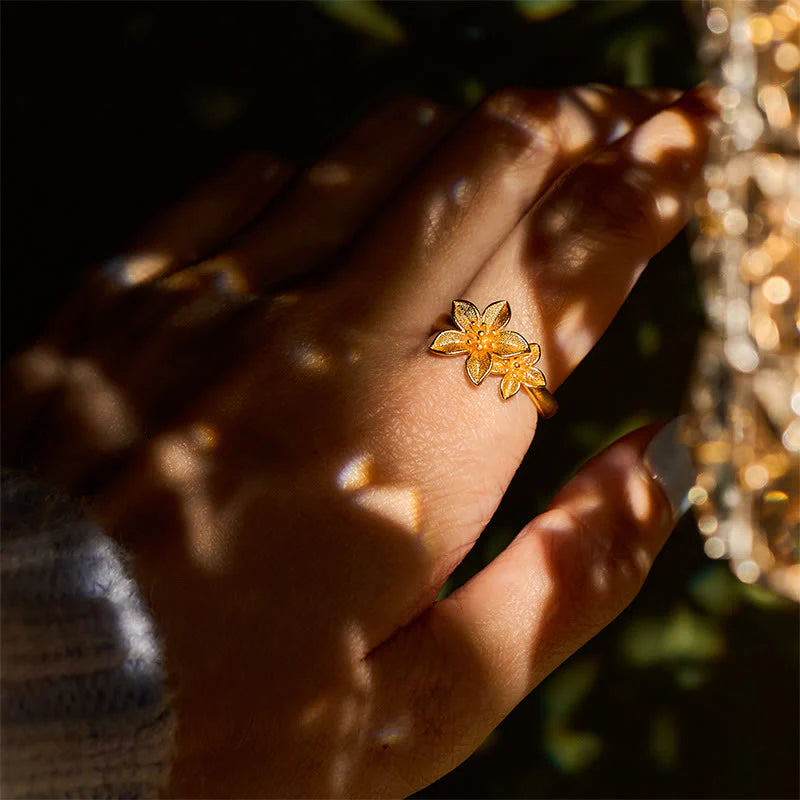 Buddha Stones Lilac Flower Adjustable 24k Gold Plated Copper Brass Ring