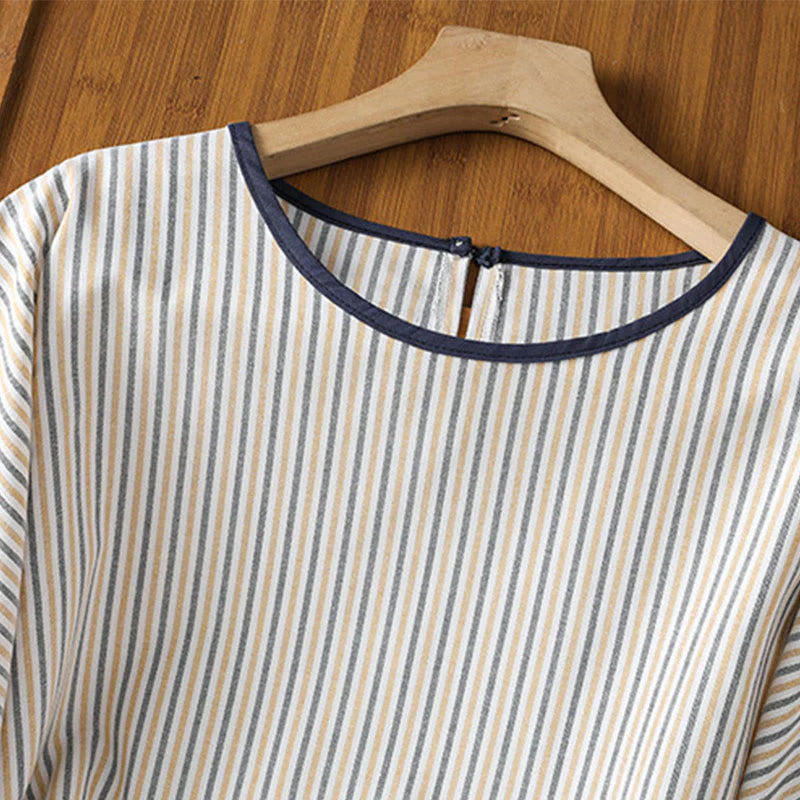 Buddha Stones Pullover Stripes Crew Neck Design Women's Cotton Short Sleeves Shirt