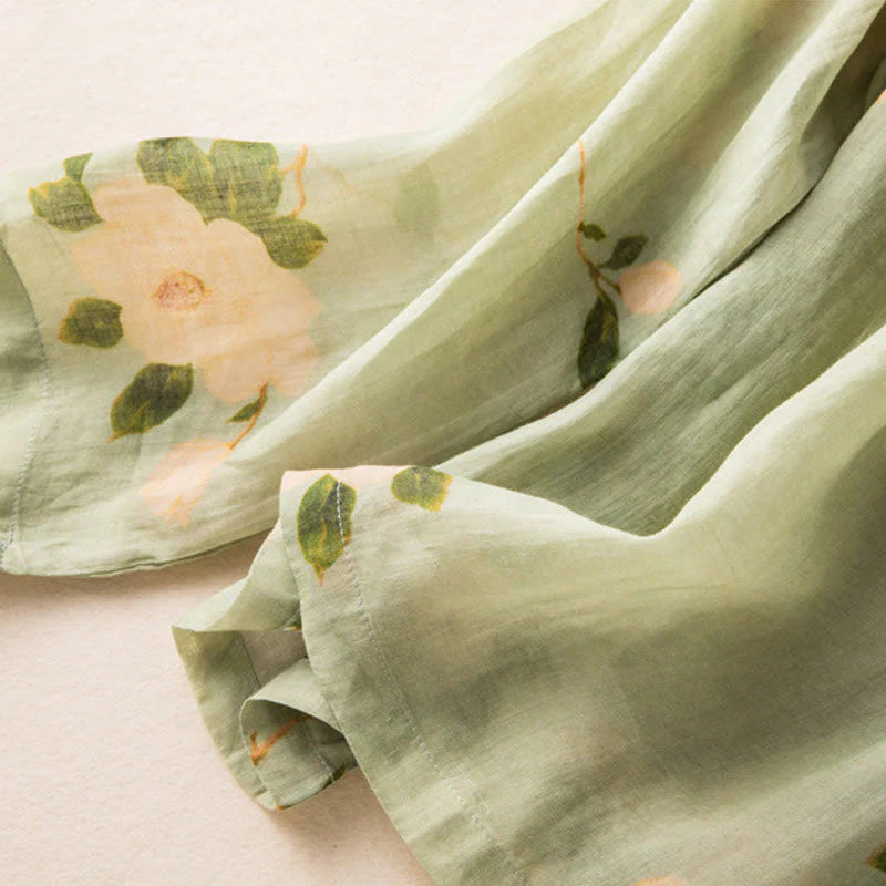 Buddha Stones Lightgreen Casual Artistic Printing Flower Pattern Chinese Frog-Button Design Women's Cotton Linen Long Sleeve Shirt Cardigan