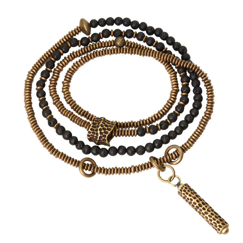 Buddha Stones Vintage Lava Rock Brass Copper Healing Multilayered Bracelet