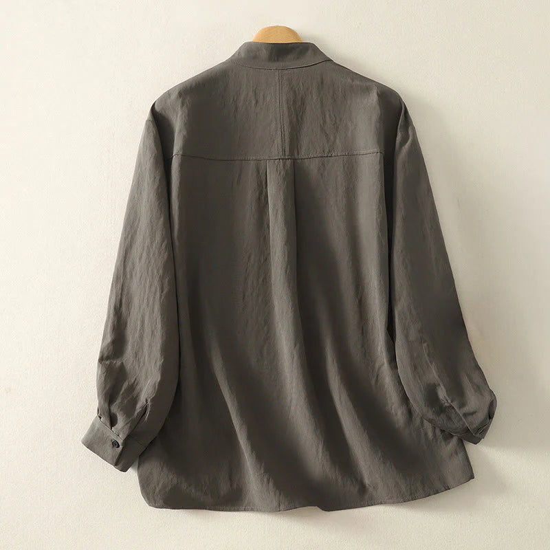 Buddha Stones Fall Stand Collar Chinese Frog-Button Simple Design Long Sleeve Women's Cotton Shirt