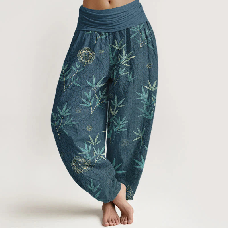 Buddha Stones Cotton Bamboo Geometric Flowers Pattern Women's Elastic Waist Harem Pants