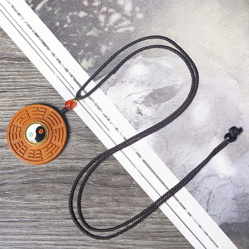 Buddha Stones Lightning Struck Jujube Wood Yin Yang Bagua Luck Necklace Pendant