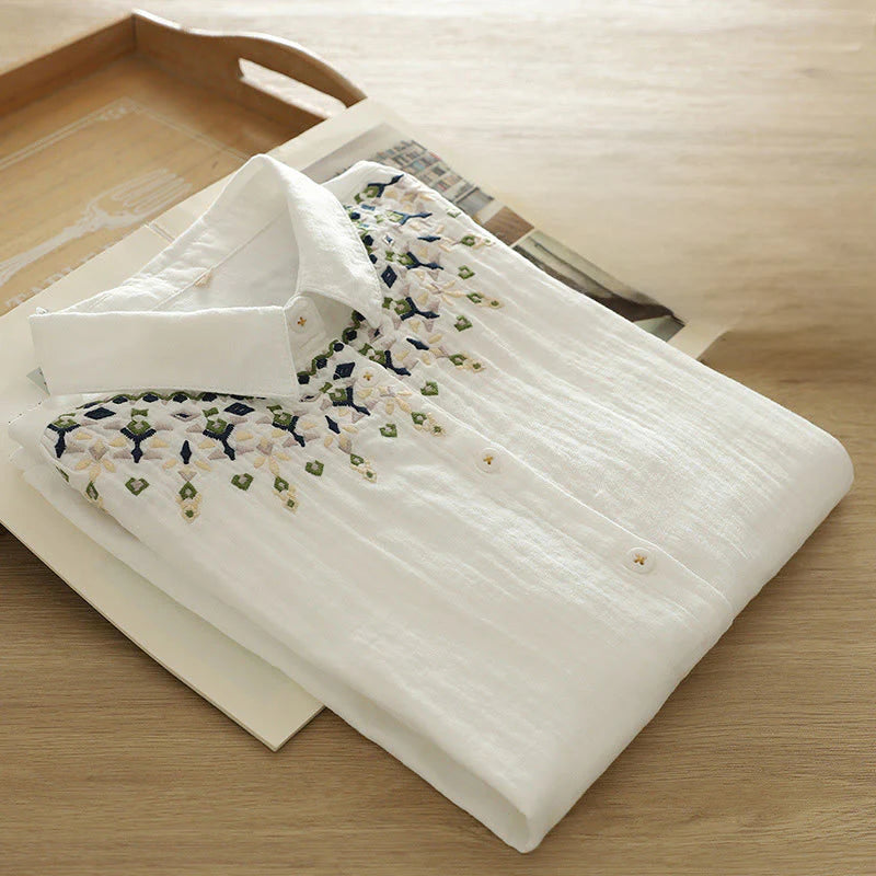 Buddha Stones Fall White Geometric Embroidery Buttons Women's Cotton Long Sleeve Shirt