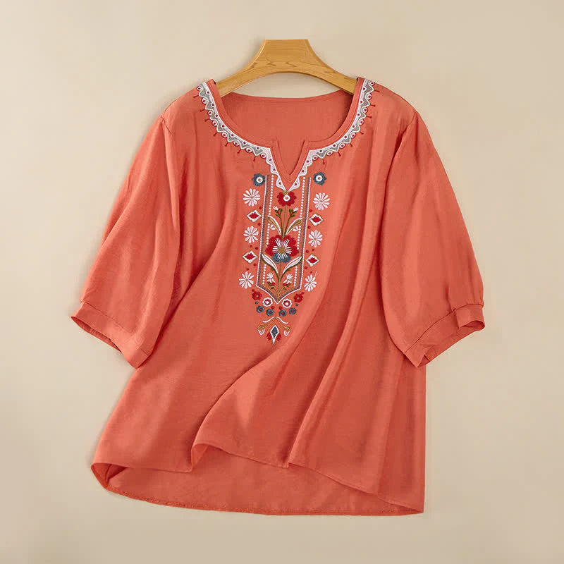Buddha Stones Spring Boho Embroidered Cotton Linen Elbow-Length Sleeve Women's T-Shirts