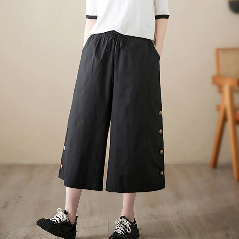 Buddha Stones Plain Buttoned Side Design Capri Cropped Women's Wide Leg Pants With Pockets
