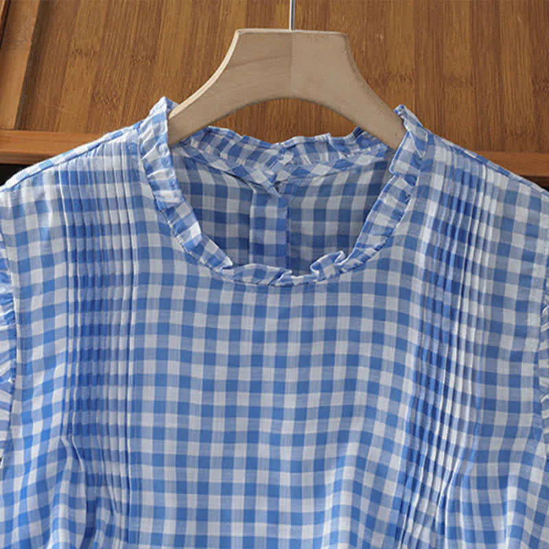 Buddha Stones Summer Plaid Ruffled Crew Neck Back Button Design Women's Sleeveless T-Shirt