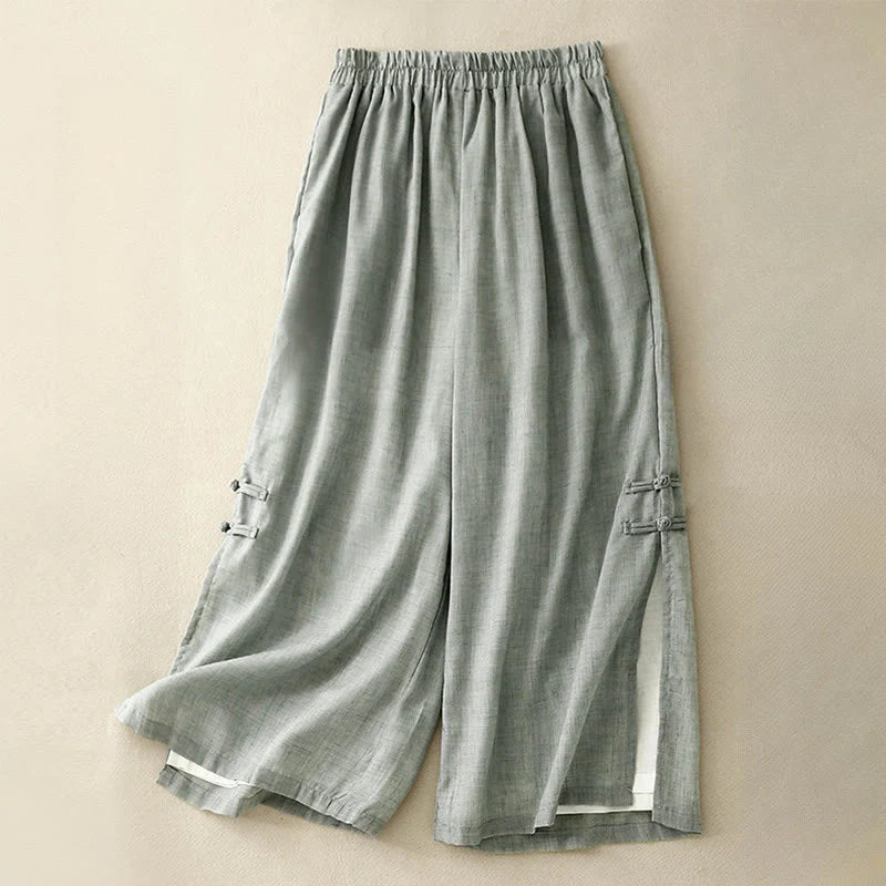 Buddha Stones Casual Plain Color Chinese Frog Button Cotton Linen Women's Wide Leg Pants