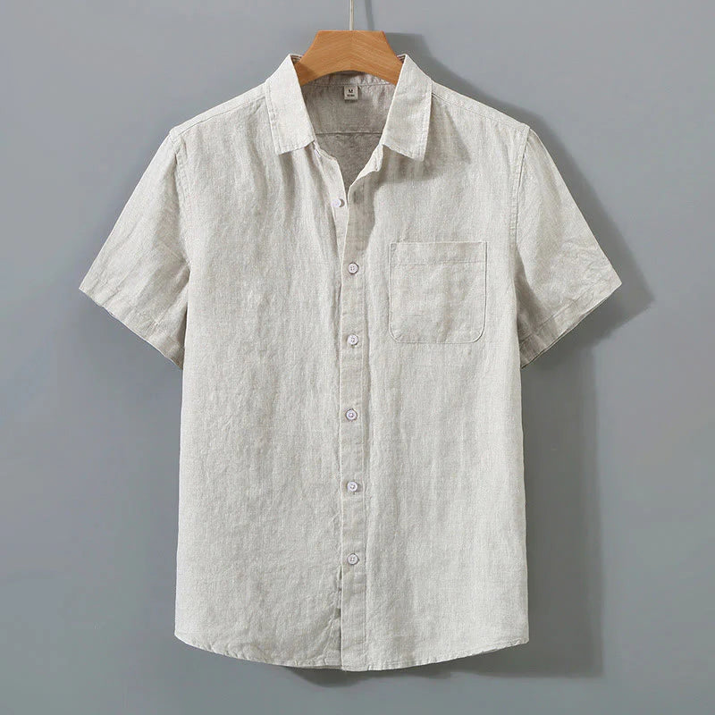 Buddha Stones Summer Casual Pure Color Button Cotton Men's Short Sleeve Shirt WIth Pocket