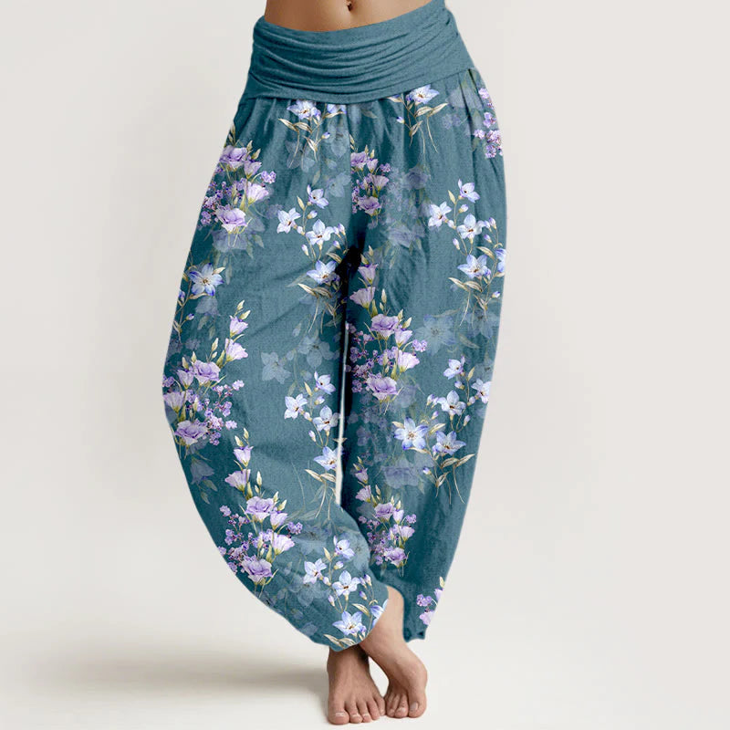 Buddha Stones Cotton Star Shaped Trumpet Shaped Flowers Pattern Women's Elastic Waist Harem Pants