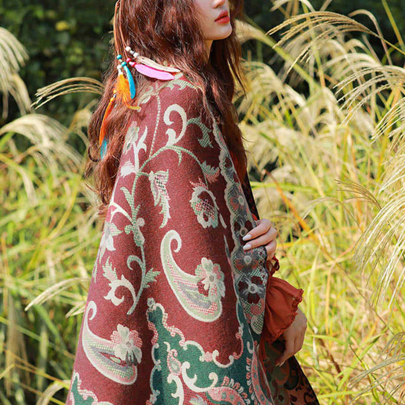 Buddha Stones Jacquard Ethnic Paisley Plants Pattern Tassel Soft Thermal Scarf Shawl