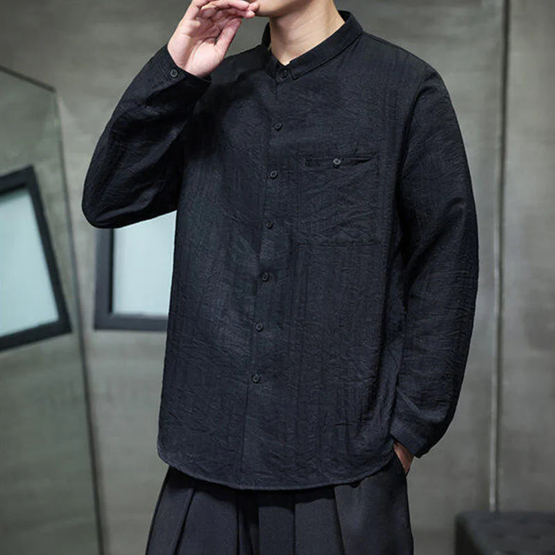 Buddha Stones Spring Men's Solid Color Buttons Design Long Sleeve Shirt