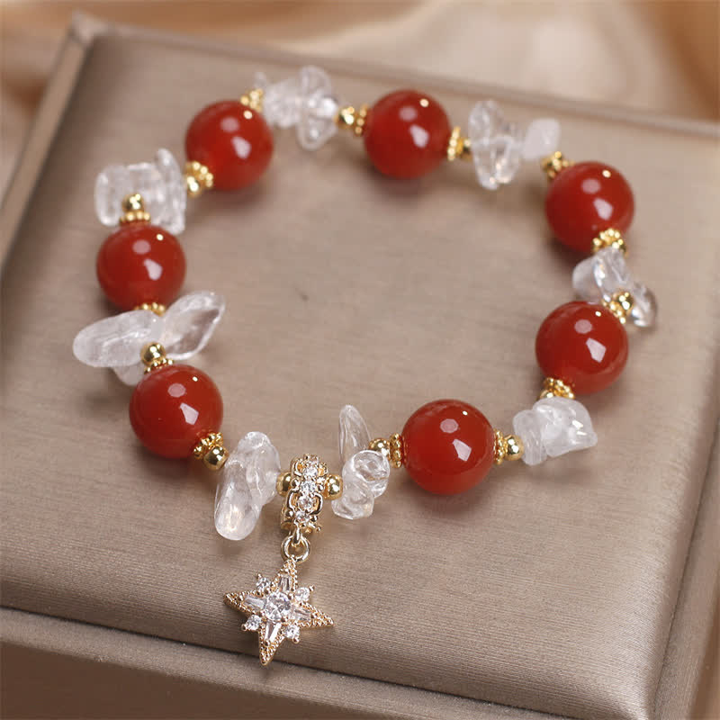 Buddha Stones Natural Red Agate Clear Quartz Hexagram Charm Confidence Bracelet