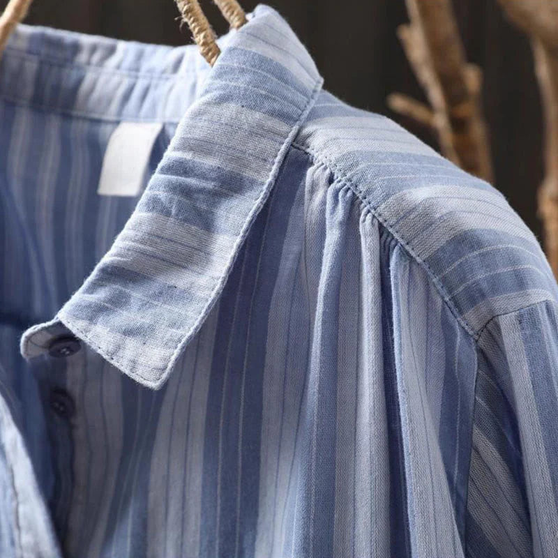 Buddha Stones Fall Vertical Stripes Button Down Stand Collar Long Sleeve Women's Cotton Shirt